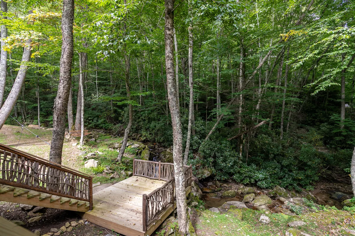 A charming wooden bridge spans a gently flowing stream surrounded by dense greenery. The area looks perfect for nature walks, bird watching, and relaxation close to the water. Sunlight dapples through the leaves, creating a peaceful, inviting atmosphere.